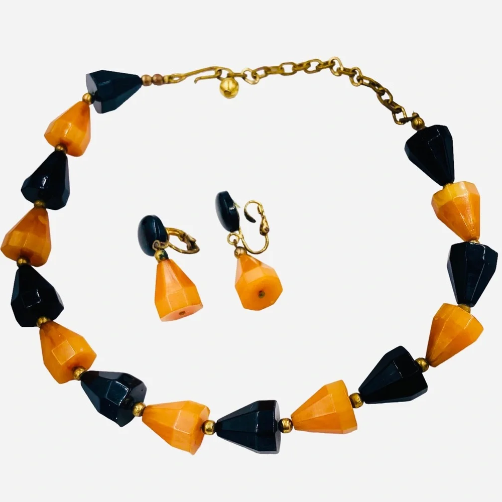 Vintage Bakelite Black Orange Pyramid Bead Necklace Earring Set